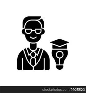 Educational management black glyph icon. Corporate trainers, educators. Coaching in business environment. Employee growth support. Silhouette symbol on white space. Vector isolated illustration. Educational management black glyph icon