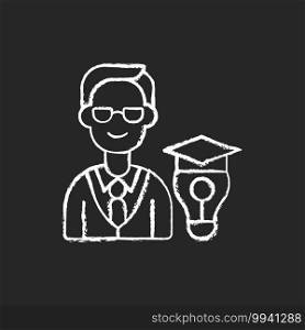 Educational management chalk white icon on black background. Corporate trainers, educators. Coaching in business environment. Employee growth support. Isolated vector chalkboard illustration. Educational management chalk white icon on black background