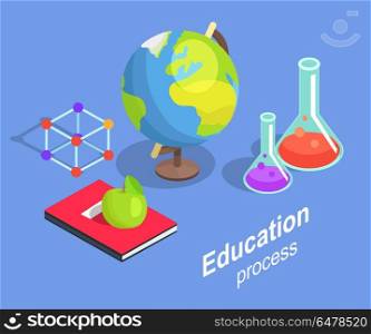 Educational Process Collection Scientific Objects. Educational process collection of scientific objects isolated vector illustration . Cartoon style laboratory flasks, geographical globe and molecule model
