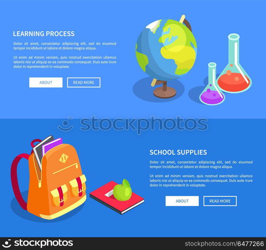 Educational Process Collection Scientific Objects. Learning process school supplies web banners isolated vector. Cartoon style laboratory flasks, geographical globe and backpack with apple and book