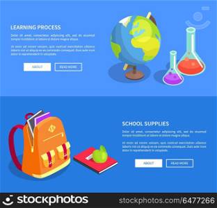 Educational Process Collection Scientific Objects. Learning process school supplies web banners isolated vector. Cartoon style laboratory flasks, geographical globe and backpack with apple and book