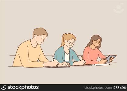 Educational process, learning, classroom concept. Group of young people studying in university sitting in auditorium during lecture writing information vector illustration . Educational process, learning, classroom concept
