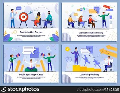 Educational Program. Coaching Businessmen Personal Growth. Company Development Training. Effective Leadership and Management Lectures and Online Courses. Banner Flat Set. Vector Cartoon Illustration. Educational Program for Businessmen Banner Set