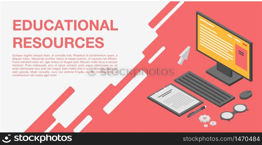 Educational resources concept banner. Isometric illustration of educational resources vector concept banner for web design. Educational resources concept banner, isometric style
