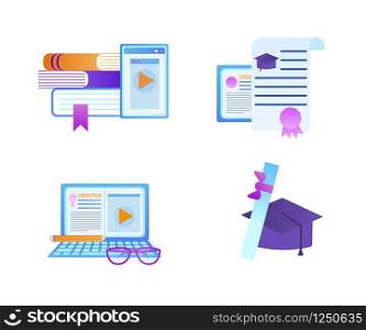 Educational Set of Icons. Textbooks with Tablet, Diploma Certificate with Seal, Laptop with Pencil and Glasses, Square Academic Cap with Scroll Isolated on White Background. Flat Vector Illustration.. Educational Icon Set isolated on White Background