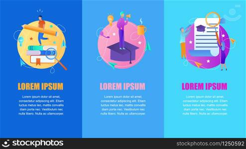 Educational Set of Vertical Banners with Copy Space. Man with Pencil on Top of Books Heap, Girl with Magnifier Reading Profile, Man with Loudspeaker on Graduation Hat. Flat Vector Illustration. Educational Set of Vertical Banners, Copy Space.