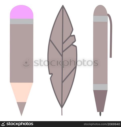 Educational supplies. Pencil icon. Feather sign. Ballpoint insignia. Letters element. Vector illustration. Stock image. EPS 10.. Educational supplies. Pencil icon. Feather sign. Ballpoint insignia. Letters element. Vector illustration. Stock image.