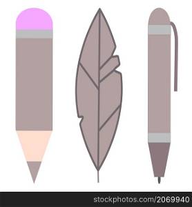 Educational supplies. Pencil icon. Feather sign. Ballpoint insignia. Letters element. Vector illustration. Stock image. EPS 10.. Educational supplies. Pencil icon. Feather sign. Ballpoint insignia. Letters element. Vector illustration. Stock image.