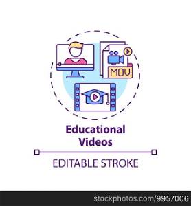 Educational videos concept icon. Online teaching digital resources. Teaching students with visual content idea thin line illustration. Vector isolated outline RGB color drawing. Editable stroke. Educational videos concept icon