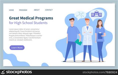 Educational website, landing page, great medical programs for high school students, medical education, doctors, physicians therapists, ion of university, chemistry, medical site, courses, training. Educational website landing page, great medical programs for high school students, medical education