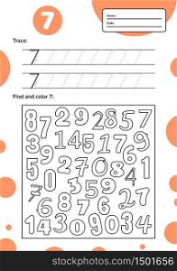 Educational worksheet for preschool and school kids. Number game for children. Trace, fing and color seven. Vector illutration.. Educational worksheet for preschool and school kids. Number game for children. Trace, fing and color seven. Vector illutration