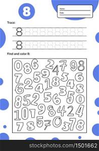 Educational worksheet for preschool and school kids. Number game for children. Trace, fing and color eight. Vector illutration.. Educational worksheet for preschool and school kids. Number game for children. Trace, fing and color eight. Vector illutration