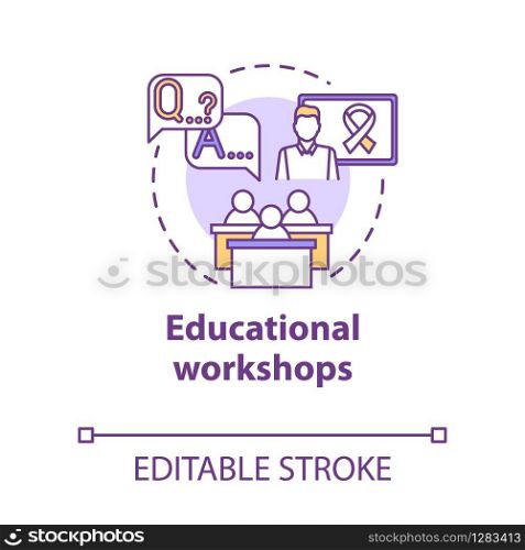 Educational workshops concept icon. Informing society about cancer, HIV. Patient support. Instructional courses idea thin line illustration. Vector isolated outline RGB color drawing. Editable stroke
