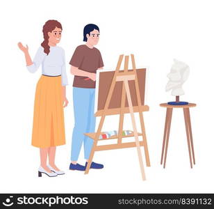 Educator teaching student portrait drawing semi flat color vector characters. Editable figures. Full body people on white. Simple cartoon style illustration for web graphic design and animation. Educator teaching student portrait drawing semi flat color vector characters