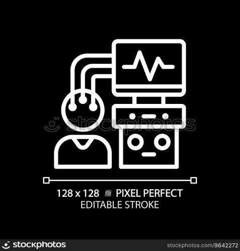 Eeg machine pixel perfect white linear icon for dark theme. Brain activity. Sleep disorder. Nervous system. Clinical research. Thin line illustration. Isolated symbol for night mode. Editable stroke. Eeg machine pixel perfect white linear icon for dark theme