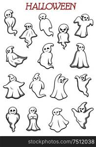 Eerie flying Halloween ghosts and monsters isolated on white background for party and holiday theme design. Eerie flying Halloween ghosts and monsters