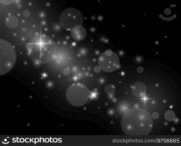 Effect light. Glowing magic stardust, white transparent sparkles. Abstract christmas flare silver holiday glitter backdrop. Magic shimmer festive decor vector isolated on black background illustration. Effect light. Glowing magic stardust, white transparent sparkles. Abstract christmas flare silver holiday glitter backdrop. Magic shimmer festive decor vector isolated on black illustration