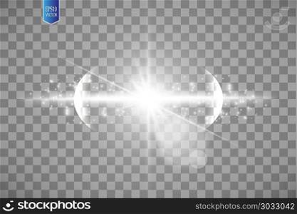 Effect of the explosion, flying in different directions of the particles, glow white lens. Vector illustration Star flash. White rays and sparks on a transparent background. Effect of the explosion, flying in different directions of the particles, glow white lens. Vector illustration Star flash. White rays and sparks on a dark transparent background.