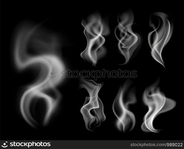 Effect steam on black. White fog and graphic smoke with blowing cloud on dark background isolated vector stream magic hot coffee or cigarette illustration. Effect steam on black. White fog and graphic smoke with blowing cloud on dark background isolated vector illustration