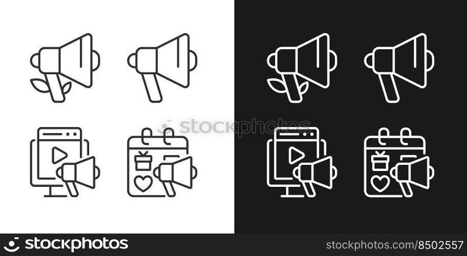 Effective advertising strategies pixel perfect linear icons set for dark, light mode. Unpaid marketing. Seasonal sales. Thin line symbols for night, day theme. Isolated illustrations. Editable stroke. Effective advertising strategies pixel perfect linear icons set for dark, light mode