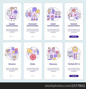 Effective business communication onboarding mobile app screen set. Walkthrough 4 steps graphic instructions pages with linear concepts. UI, UX, GUI template. Myriad Pro-Bold, Regular fonts used. Effective business communication onboarding mobile app screen set