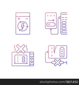 Effective charger use gradient linear vector manual label icons set. Rechargability. Thin line contour symbols bundle. Isolated outline illustrations collection for product use instructions. Effective portable charger use gradient linear vector manual label icons set