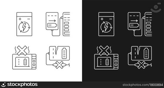 Effective charger use linear manual label icons set for dark and light mode. Customizable thin line symbols. Isolated vector outline illustrations for product use instructions. Editable stroke. Effective charger use linear manual label icons set for dark and light mode