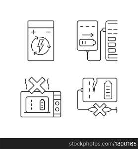 Effective charger use linear manual label icons set. Rechargability. Customizable thin line contour symbols. Isolated vector outline illustrations for product use instructions. Editable stroke. Effective charger use linear manual label icons set
