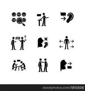 Effective communication black glyph icons set on white space. Socialization. Assertive speaker. Empathy skill. Linguistic barriers. Personal space. Silhouette symbols. Vector isolated illustration. Effective communication black glyph icons set on white space