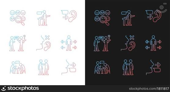 Effective communication gradient icons set for dark and light mode. Assertive speaker. Empathy. Thin line contour symbols bundle. Isolated vector outline illustrations collection on black and white. Effective communication gradient icons set for dark and light mode