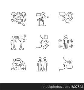 Effective communication linear icons set. Socialization. Assertive speaker. Linguistic barriers. Customizable thin line contour symbols. Isolated vector outline illustrations. Editable stroke. Effective communication linear icons set