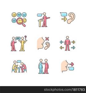 Effective communication RGB color icons set. Socialization. Assertive speaker. Empathy skill. Linguistic barriers. Personal space. Isolated vector illustrations. Simple filled line drawings collection. Effective communication RGB color icons set