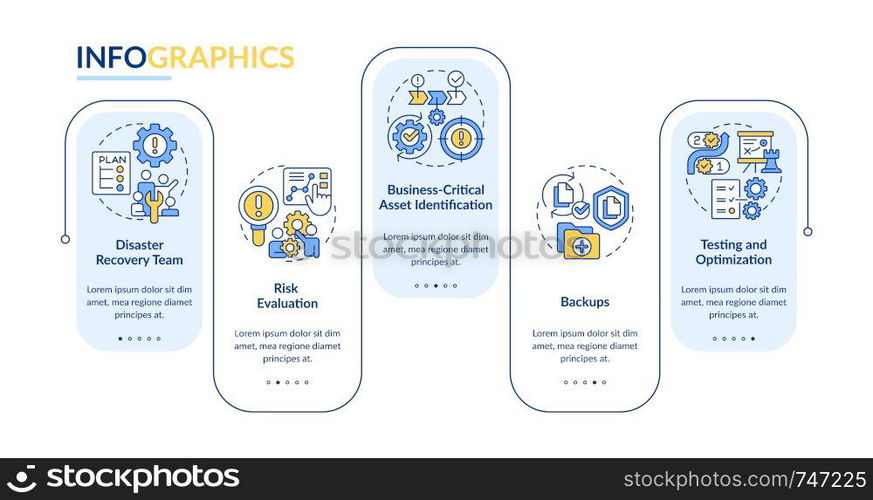 Effective disaster recovery plan blue rectangle infographic template. Data visualization 5 steps. Editable timeline info chart. Workflow layout with line icons. Lato-Bold, Regular fonts used. Effective disaster recovery plan blue rectangle infographic template