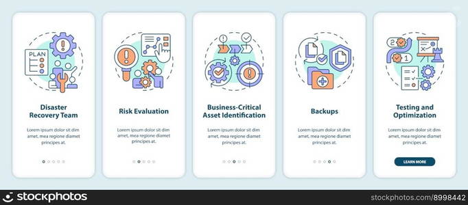 Effective disaster recovery plan onboarding mobile app screen. Walkthrough 5 steps editable graphic instructions with linear concepts. UI, UX, GUI template. Myriad Pro-Bold, Regular fonts used. Effective disaster recovery plan onboarding mobile app screen