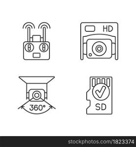 Effective drone use linear manual label icons set. HD camera. Memory card. Customizable thin line contour symbols. Isolated vector outline illustrations for product use instructions. Editable stroke. Effective drone use linear manual label icons set