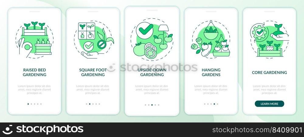 Effective gardening green onboarding mobile app screen. Plant care walkthrough 5 steps editable graphic instructions with linear concepts. UI, UX, GUI template. Myriad Pro-Bold, Regular fonts used. Effective gardening green onboarding mobile app screen