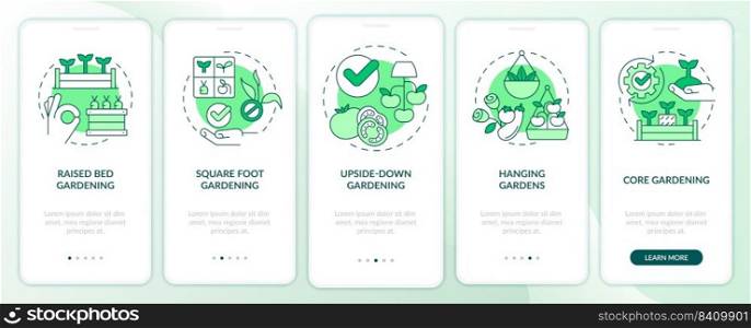 Effective gardening green onboarding mobile app screen. Plant care walkthrough 5 steps editable graphic instructions with linear concepts. UI, UX, GUI template. Myriad Pro-Bold, Regular fonts used. Effective gardening green onboarding mobile app screen