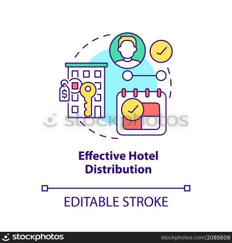 Effective hotel distribution concept icon. Real estate management abstract idea thin line illustration. Isolated outline drawing. Editable stroke. Roboto-Medium, Myriad Pro-Bold fonts used. Effective hotel distribution concept icon