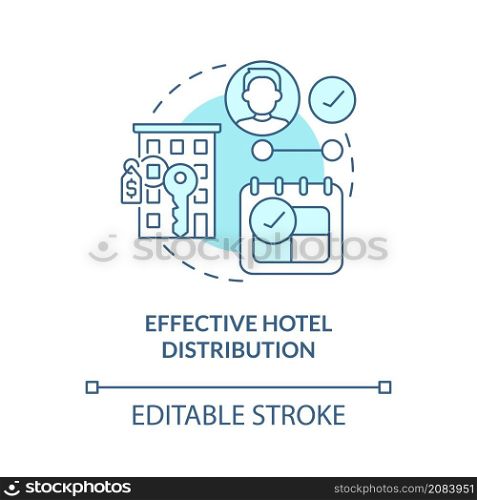 Effective hotel distribution turquoise concept icon. Property management abstract idea thin line illustration. Isolated outline drawing. Editable stroke. Roboto-Medium, Myriad Pro-Bold fonts used. Effective hotel distribution turquoise concept icon