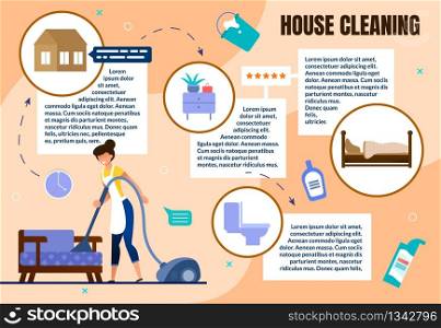 Effective House Cleaning Flat Vector Infographics Scheme, Poster Template with Woman in Apron Vacuuming Floor and Furniture, Cleanup in Apartment Room, Washing Toilet with Detergents Illustration