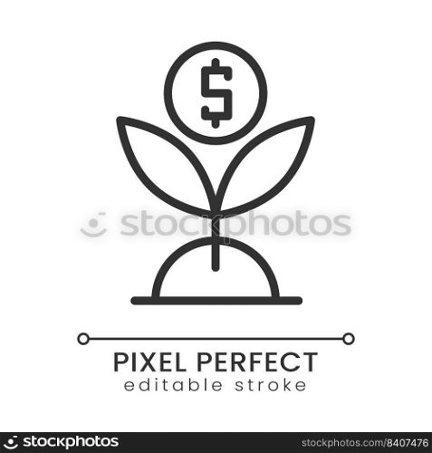 Effective investment pixel perfect linear icon. Money growth. Business funds rising. Thin line illustration. Contour symbol. Vector outline drawing. Editable stroke. Poppins font used. Effective investment pixel perfect linear icon