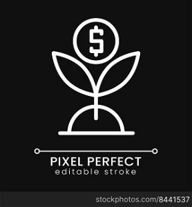 Effective investment pixel perfect white linear icon for dark theme. Money growth. Business funds rising. Thin line illustration. Isolated symbol for night mode. Editable stroke. Poppins font used. Effective investment pixel perfect white linear icon for dark theme