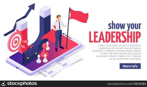 Effective leadership soft skills concept isometric web page design with successful businessman on smartphone screen vector illustration