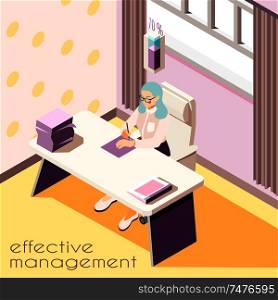 Effective management isometric background with text and view of room interior with woman working at table vector illustration