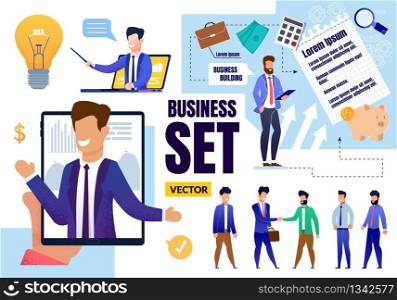 Effective Management, Training Courses for Company Growth, Partners Meeting, Corporate Building Business Set Flat Vector. Video Tutorials and Coaching via Internet. Cartoon Businessmen Illustration. Effective Management and Business Set Flat Vector