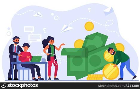 Effective manager earning money. Positive man carrying cash to team flat vector illustration. Efficiency, performance, business success concept for banner, website design or landing web page