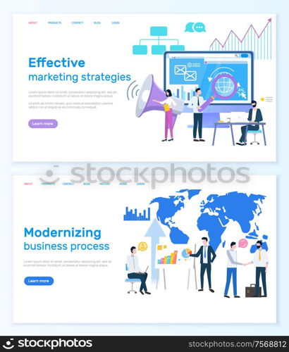 Effective marketing strategies, modernizing business process website vector. Businessmen and laptop, loudspeaker and graphics or diagrams, world map. Webpage template landing page in flat. Marketing Strategies Modernizing Business Process