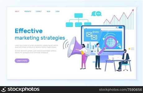 Effective marketing strategies online web page vector. Internet search and computer, magnifier and loudspeaker, market estimation and business promotion. Effective Marketing Strategies Online Web Page
