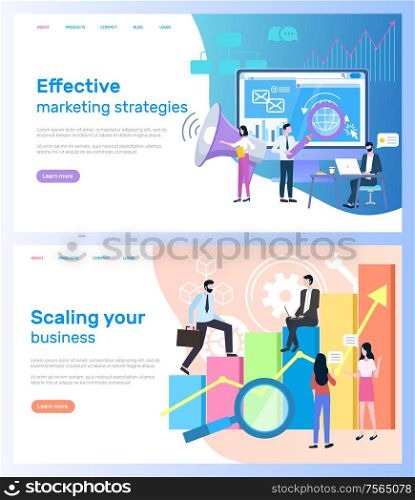 Effective marketing strategies, scaling business vector. Computer monitor and loudspeaker, statistical graphic and entrepreneurs, research and development. Effective Marketing Strategies, Scaling Business