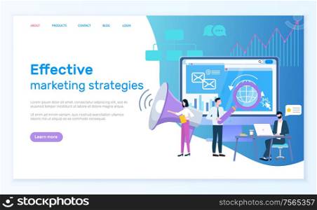 Effective marketing strategies website vector, optimization of web. Workers with magnifying glass making researches and analysis of content, promotion. Webpage template, landing page in flat style. Effective Marketing Strategies Web Optimization